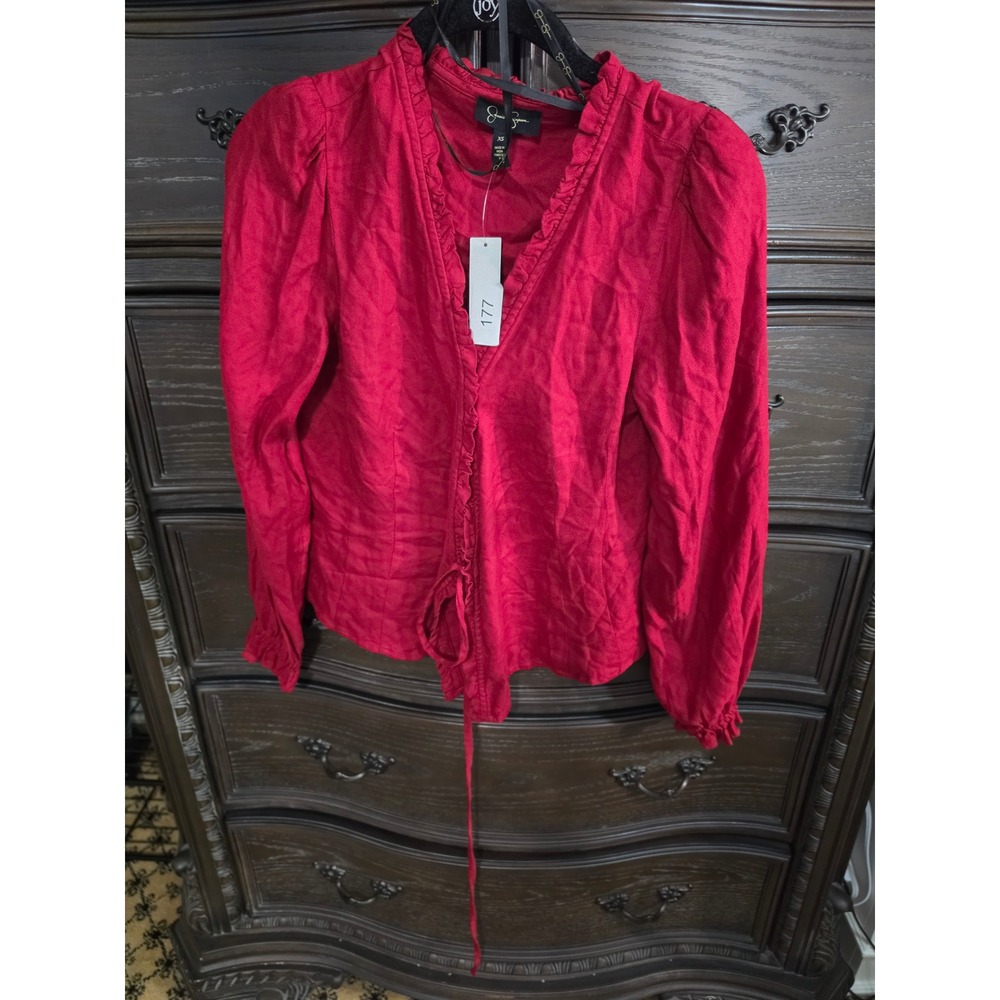Jessica Simpson Tanya Rio Red Ruffle V-Neck Tie Waist Blouse XS 30211511-8YU